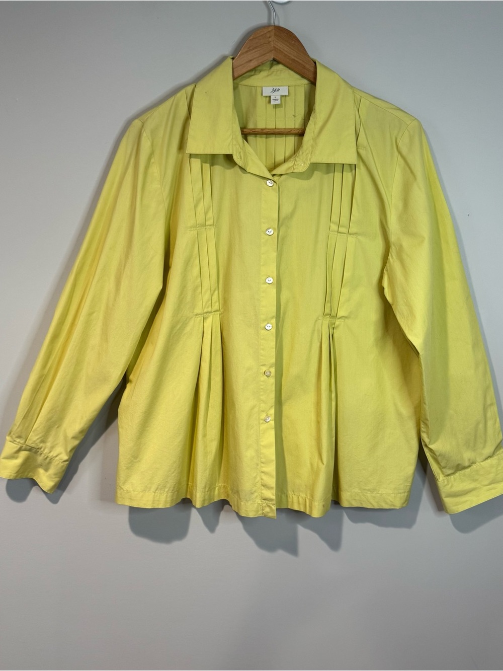 J Jill Yellow Pleated Button Front Long Sleeve Top Pintuck Cotton Cottagecore L
